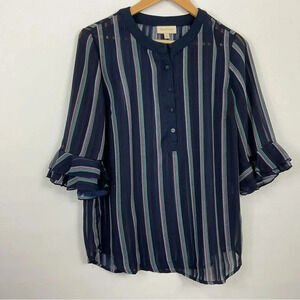 ModCloth Button Down Sheer‎ Striped Ruffle Sleeve Shirt Size Large